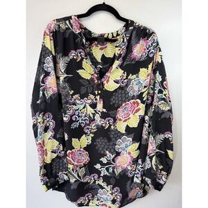 Investments Plus Size Black Bright Floral Button Up Size 2X